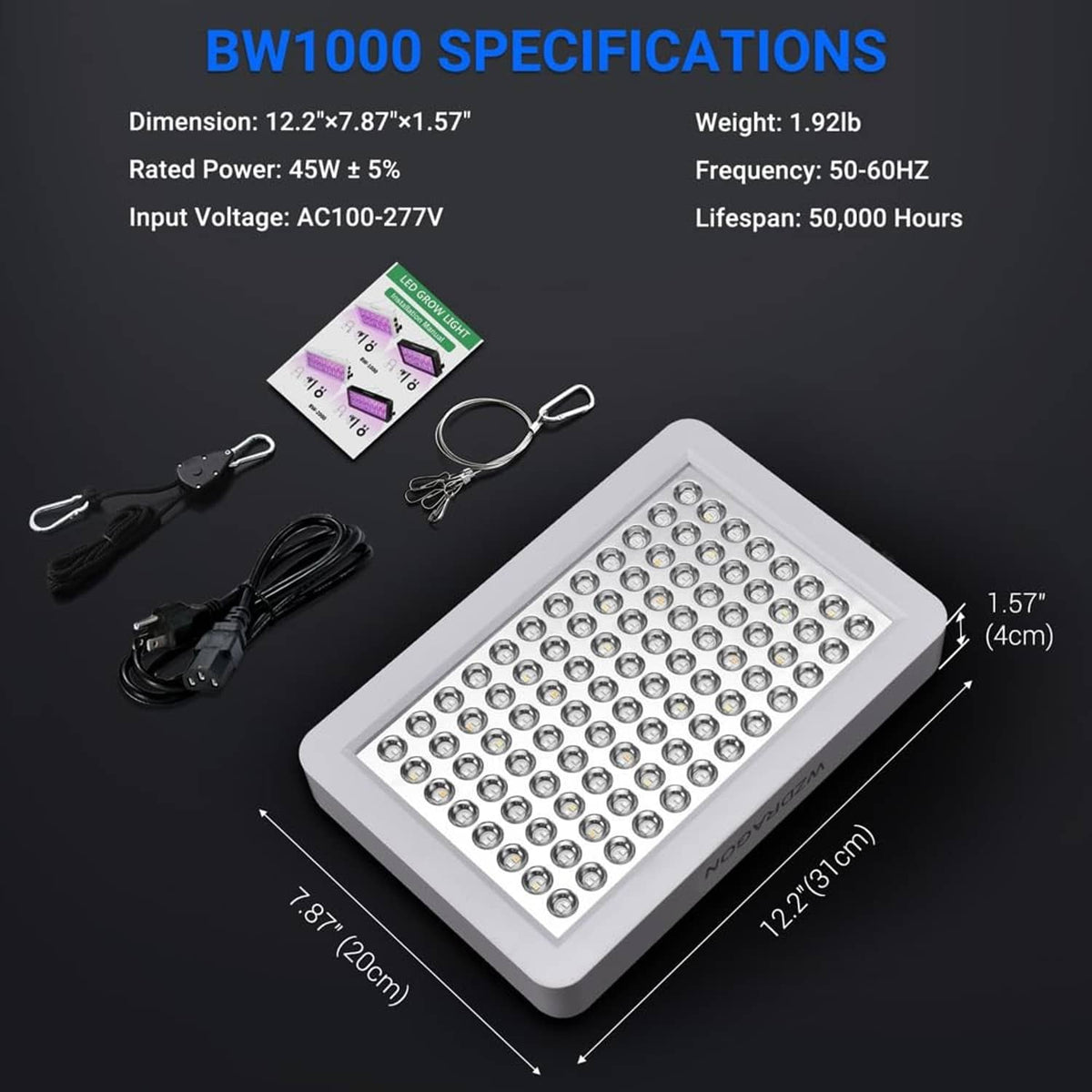 BW1000 LED grow light with dimension diagram and included hanging cords and cables