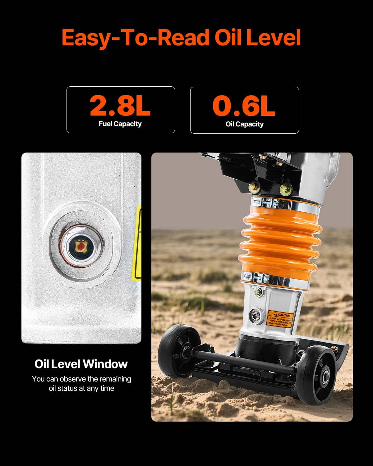 Gas powered jumping jack tamper compactor with oil level window and orange shock spring