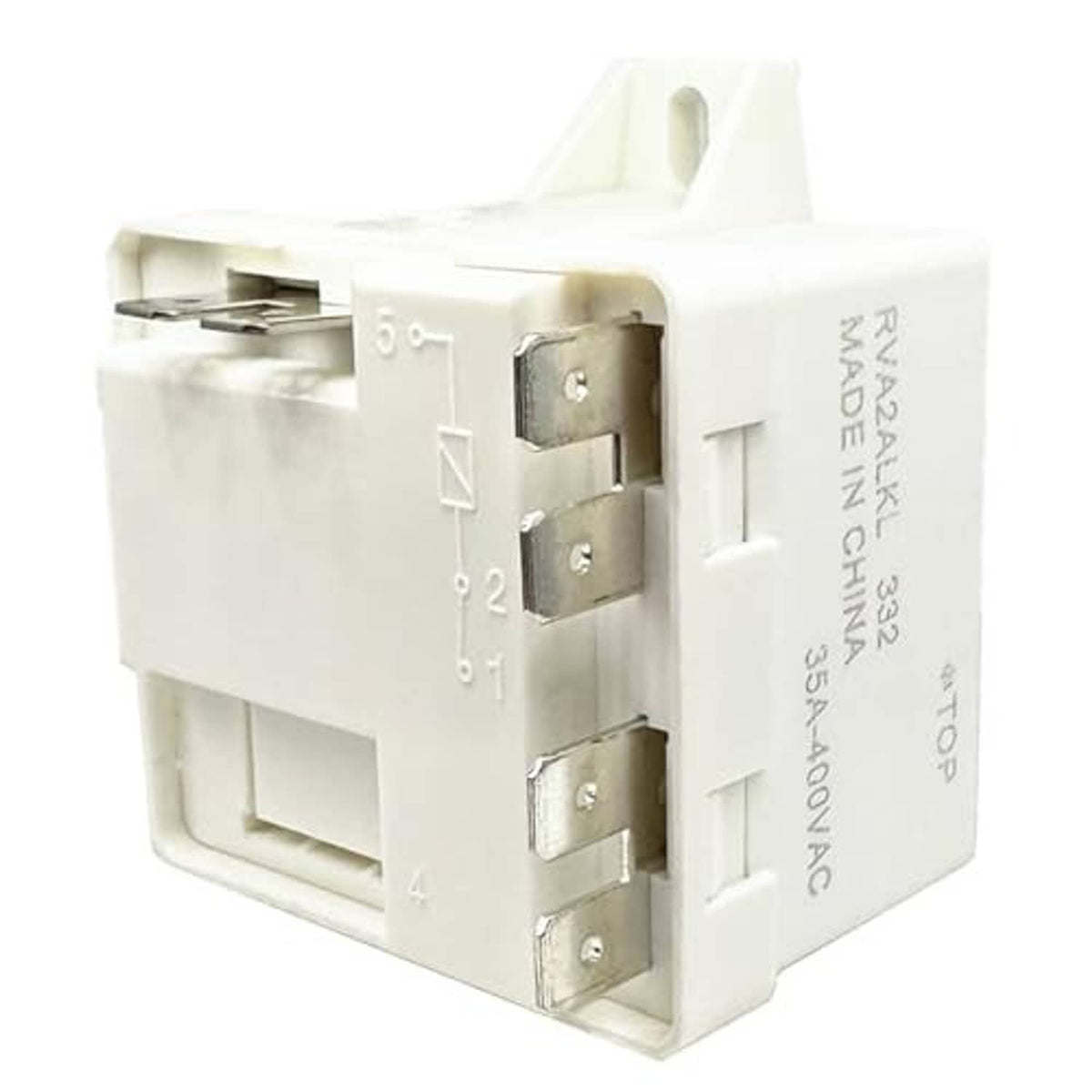 Well pump relay control box showing side terminals and top label on white housing.
