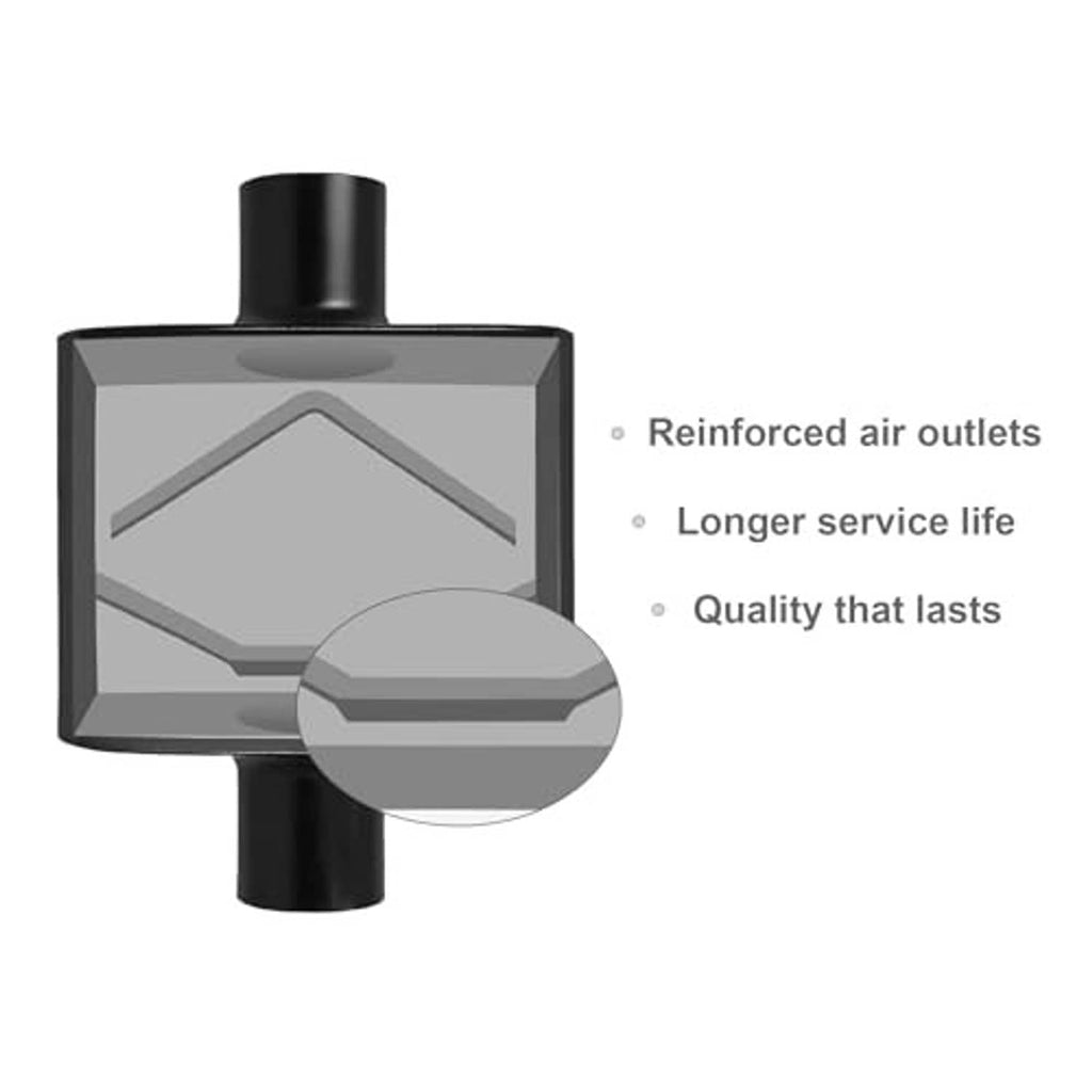 Black muffler with illustrated reinforced air outlets for longer service life.
