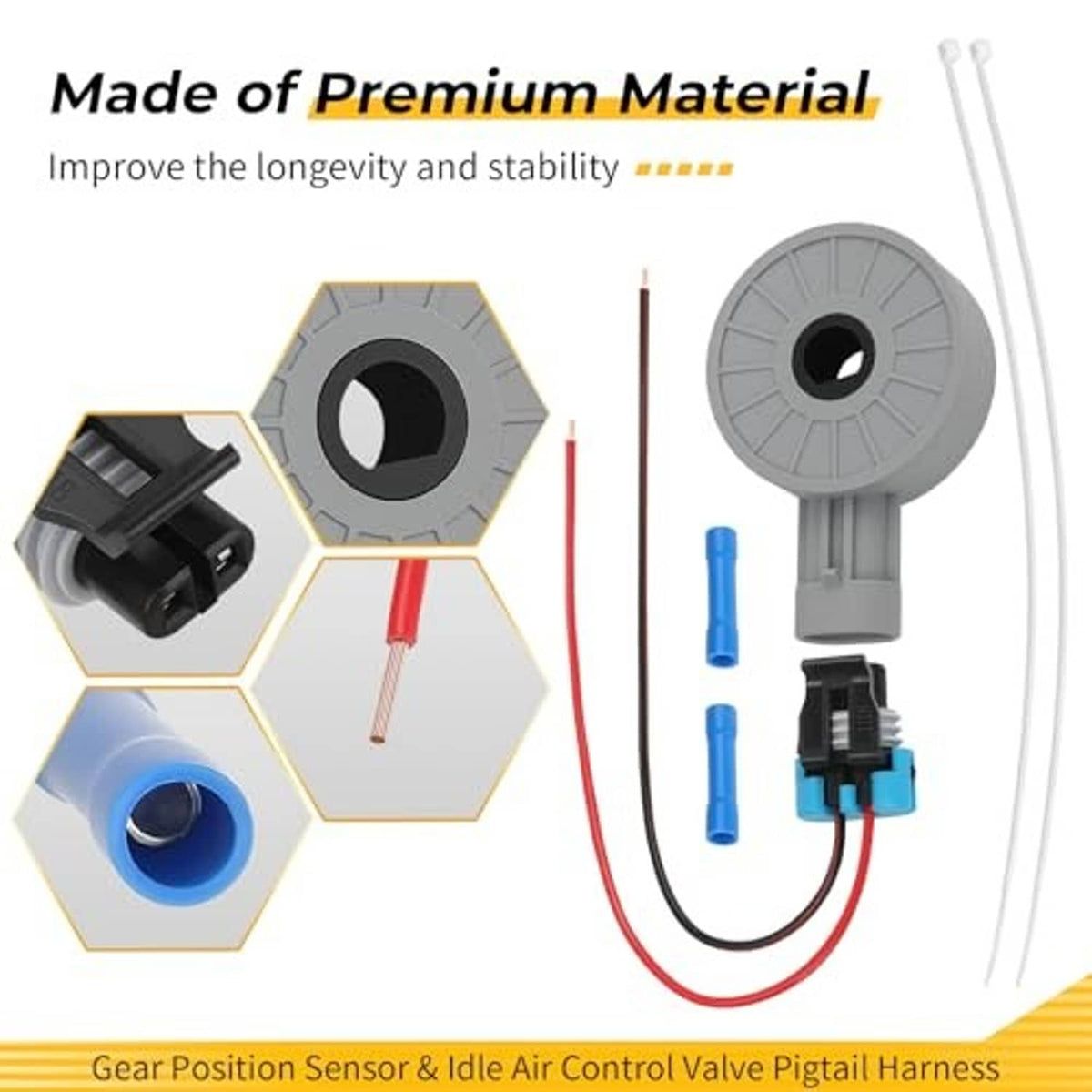 Gear position sensor pigtail harness set with gray sensor, colored wires, and blue terminal pins
