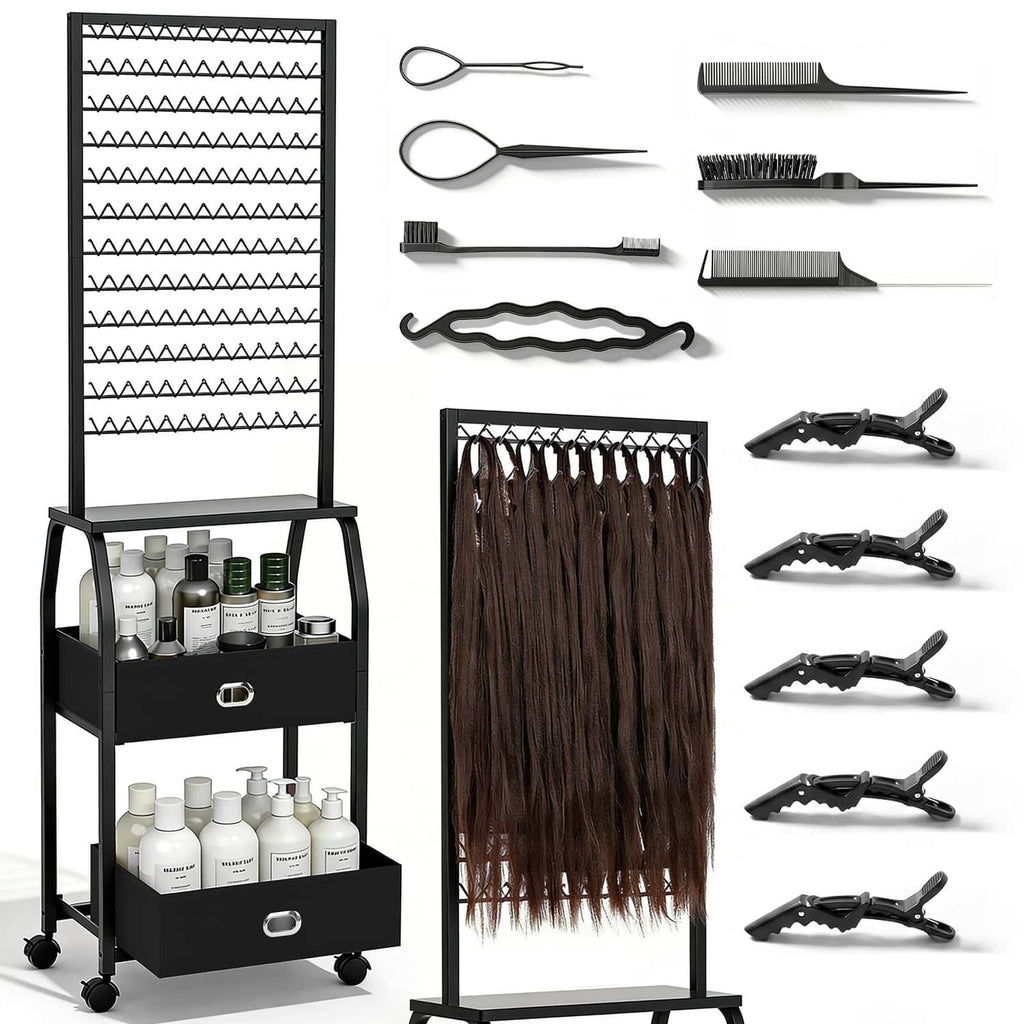 Black portable braiding hair rack with wheels, storage drawers, hanging hair strands