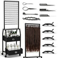 Black portable braiding hair rack with wheels, storage drawers, hanging hair strands