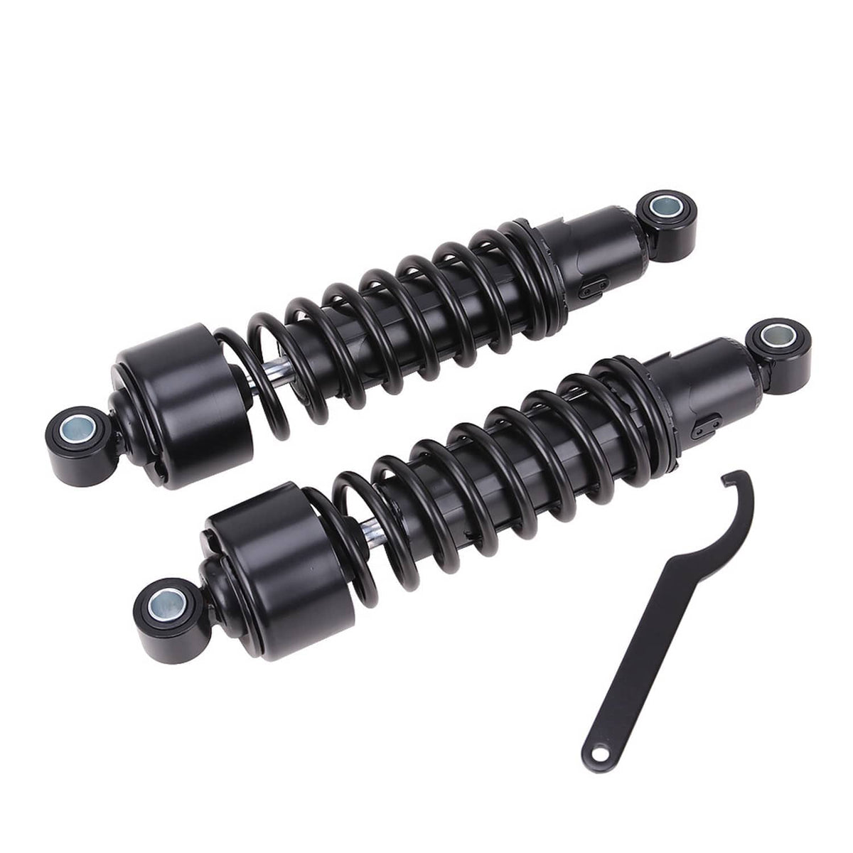 Black rear shocks pair with coil springs, eyelet mounts, and included installation wrench