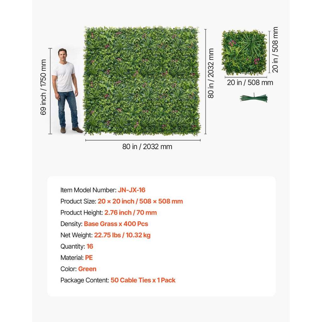 Artificial greenery wall panel set size diagram showing square panel with pink flower accents