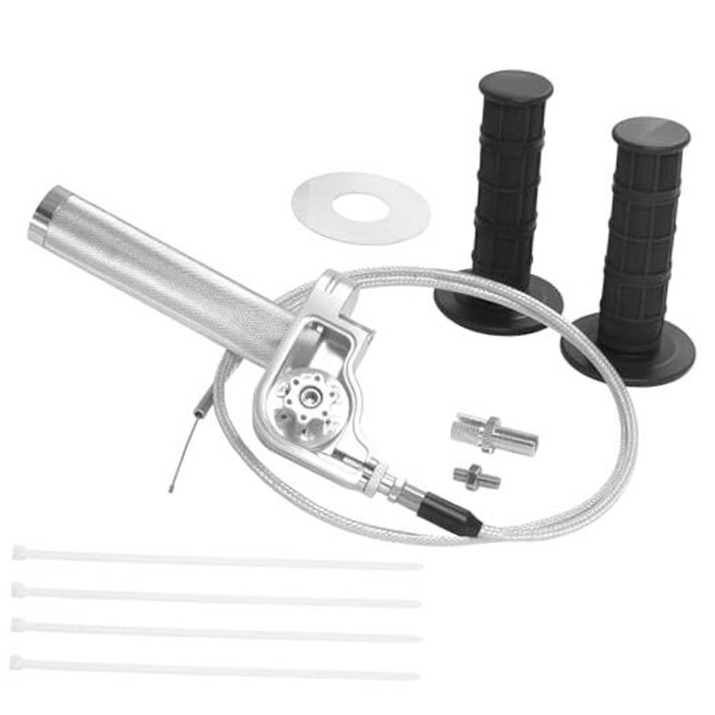 Throttle grip kit: silver throttle assembly, black grips, cable, and small hardware