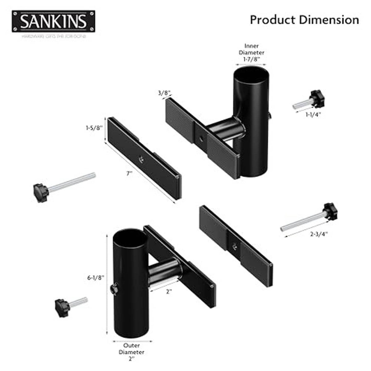 Black umbrella holder hardware with mounting plates, pole cups, and screws (diagram)