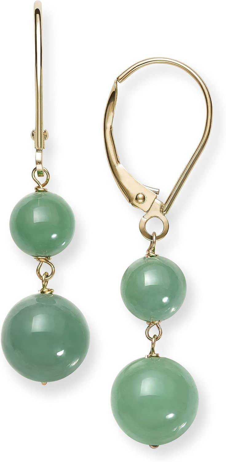 Green jade bead drop earrings, 14k yellow gold leverbacks, three round drops