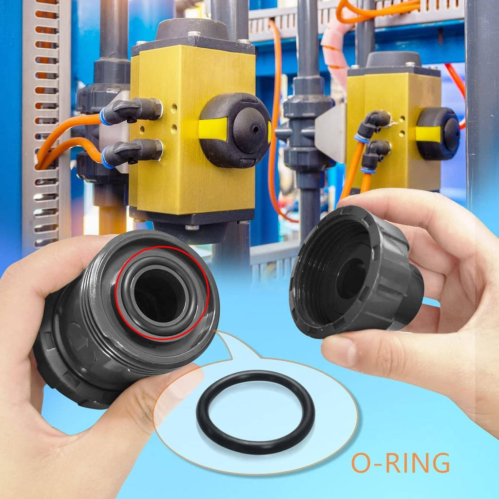 Hand installing an O-ring seal into a dark PVC True Union check valve housing