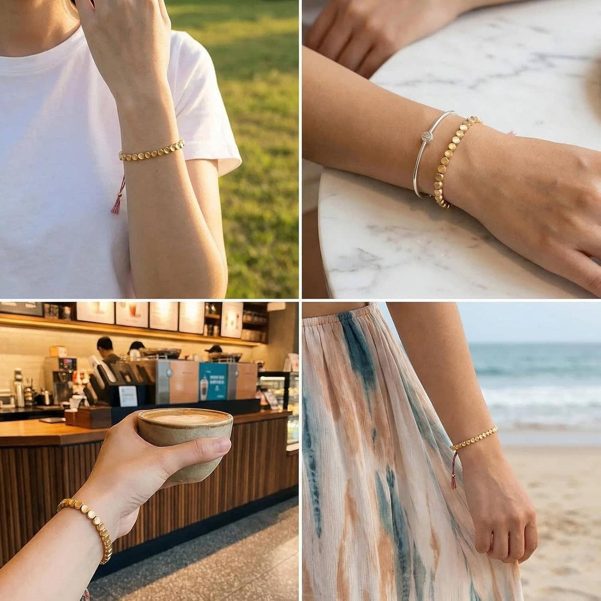Gold-tone beaded copper bracelet with small charm, worn on wrist