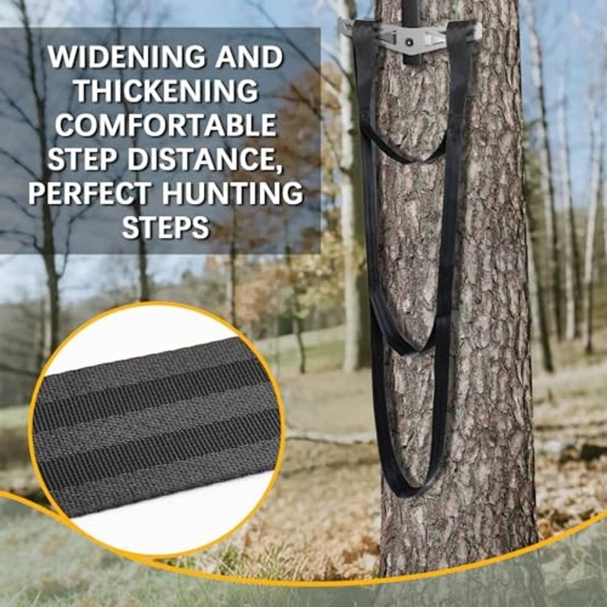 Black 3-step climbing aider on tree with widened, textured webbing step loops