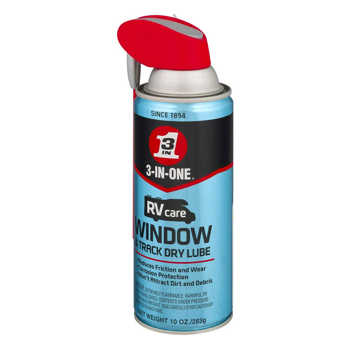RVcare 3-in-one Window & Track Dry Lube spray can, red flip top nozzle