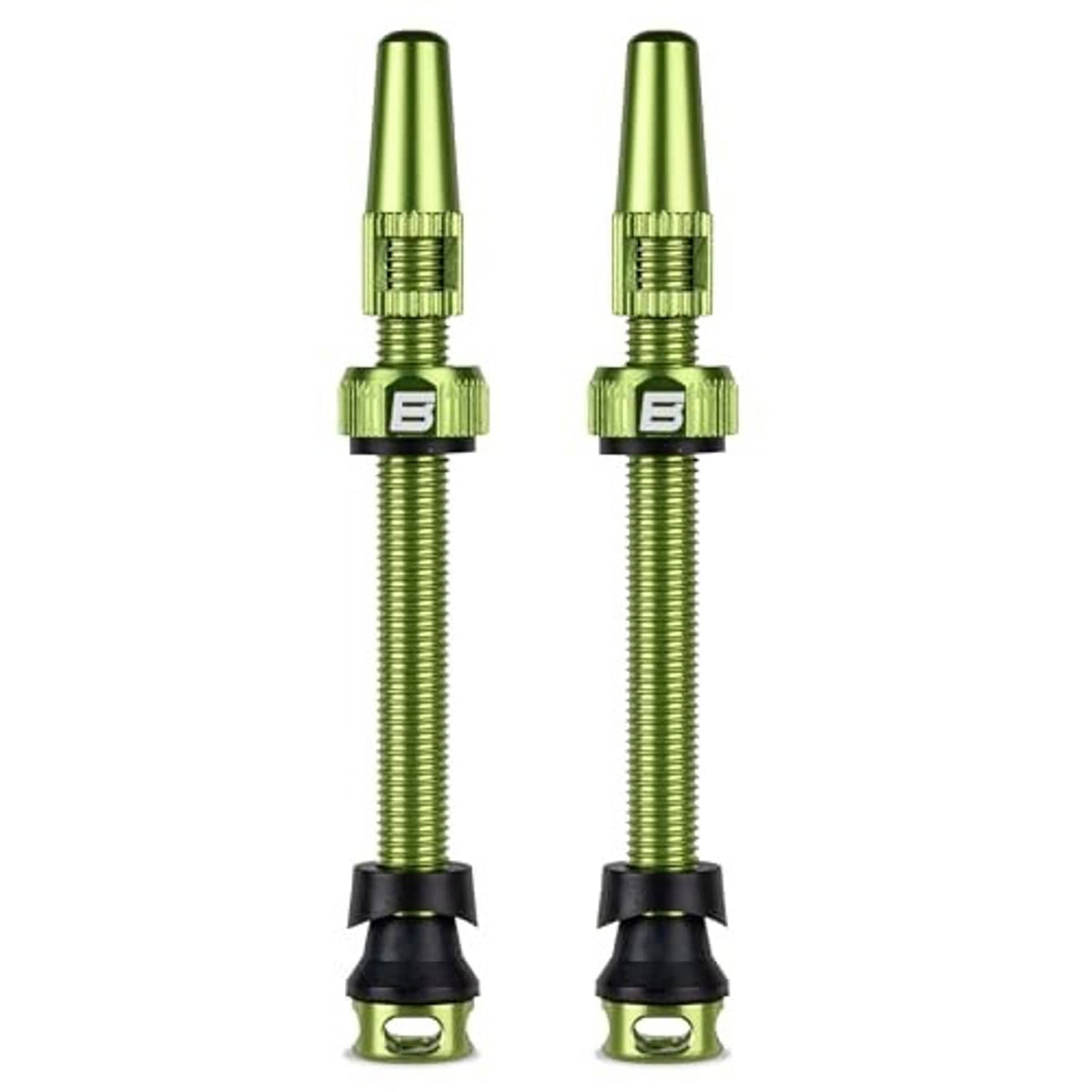 Pair of lemon-green tubeless Presta valve stems with black rubber base and caps