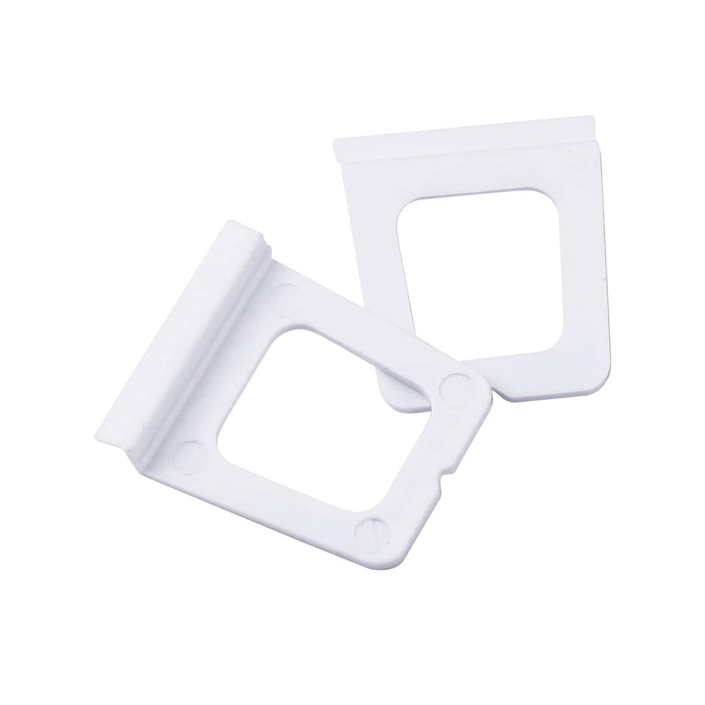White plastic window screen pull tab with rectangular handle and center hole