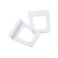 White plastic window screen pull tab with rectangular handle and center hole