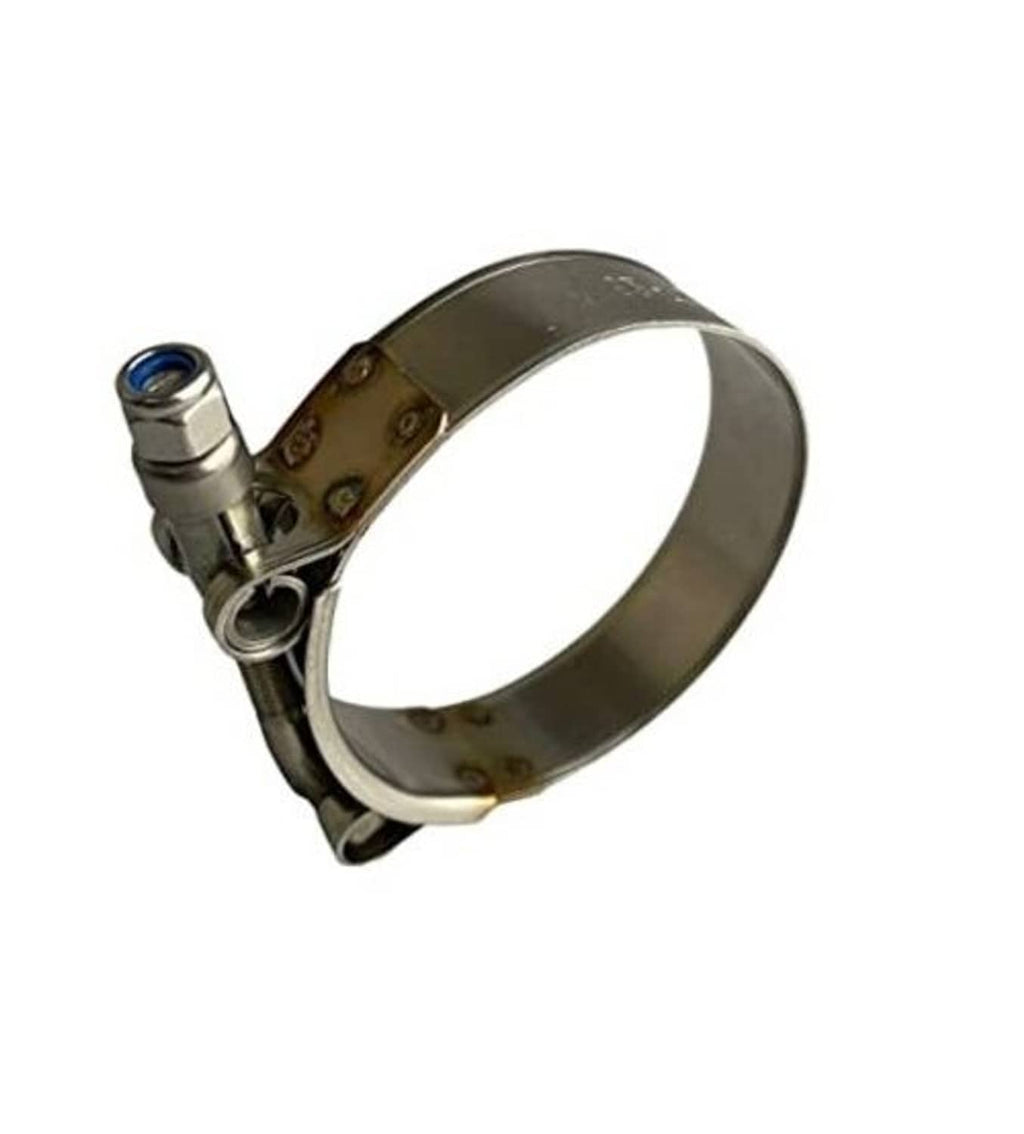 Stainless steel T-bolt hose clamp with perforated band and blue-backed screw