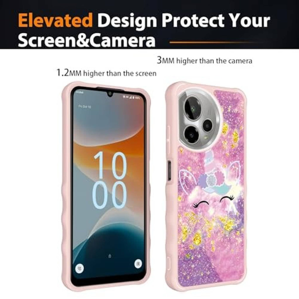 Pink glitter phone case with unicorn and flower pattern, camera cutouts and raised rim