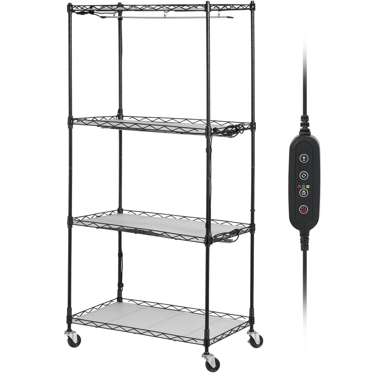 Black empty 4-tier plant stand with grow light controller and hanging power cord