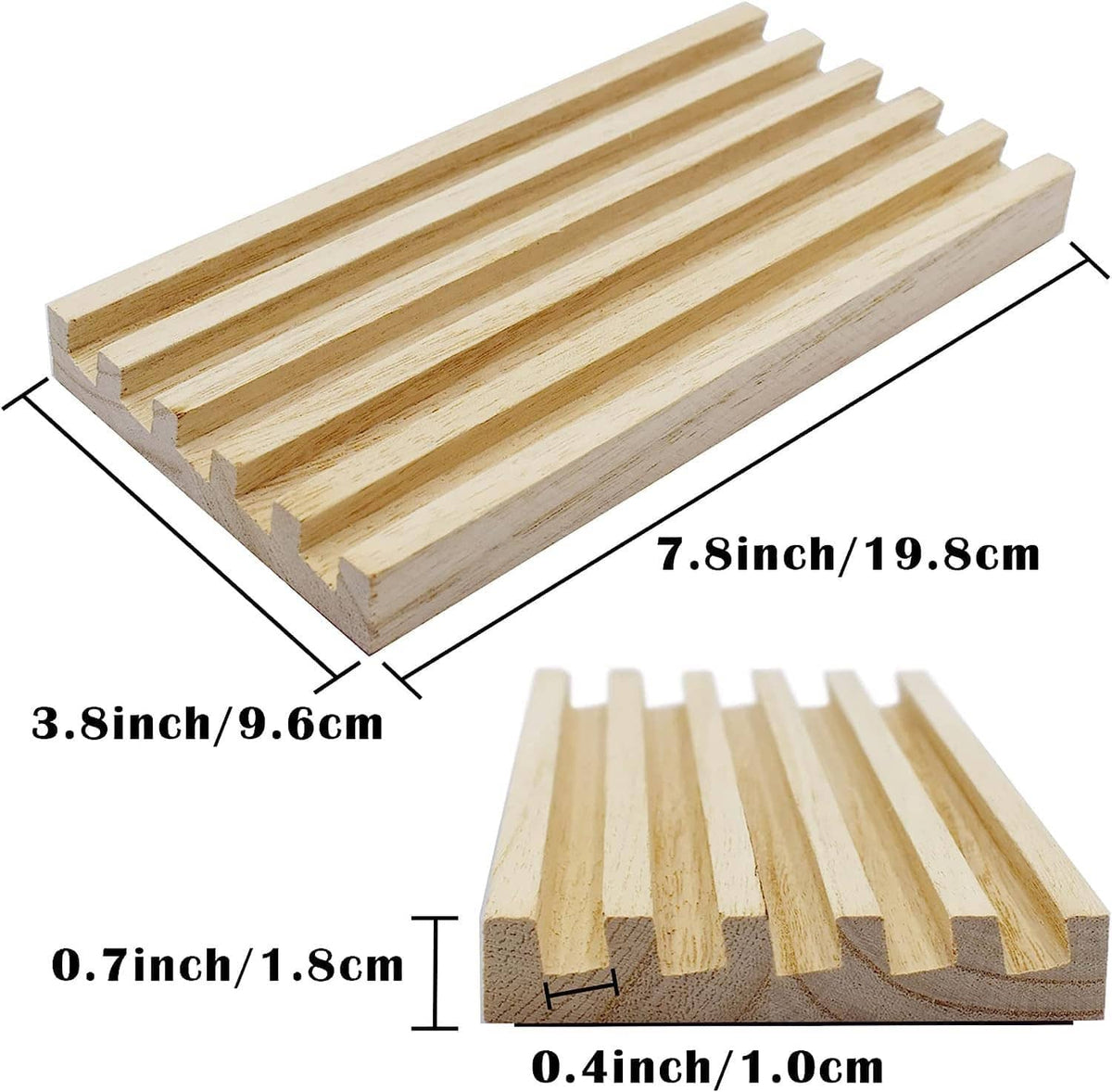 Wooden domino rack holder with slatted base tray, side view profile with size guides