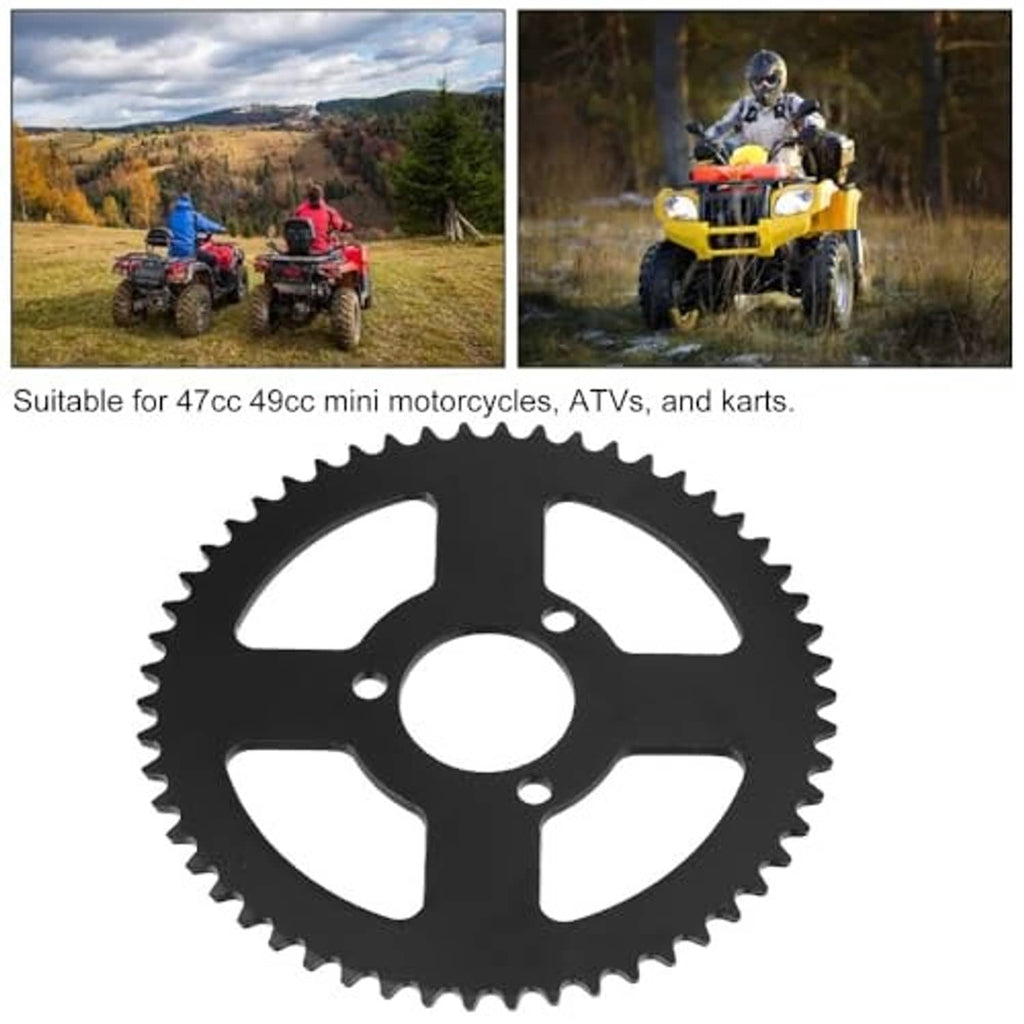 Black steel sprocket gear featuring five rounded cutouts, outer teeth, and three bolt holes