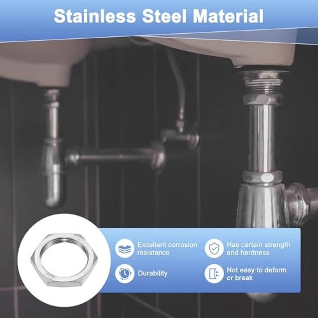 Hex locknut icon with stainless steel material callout, corrosion-resistant durability badge