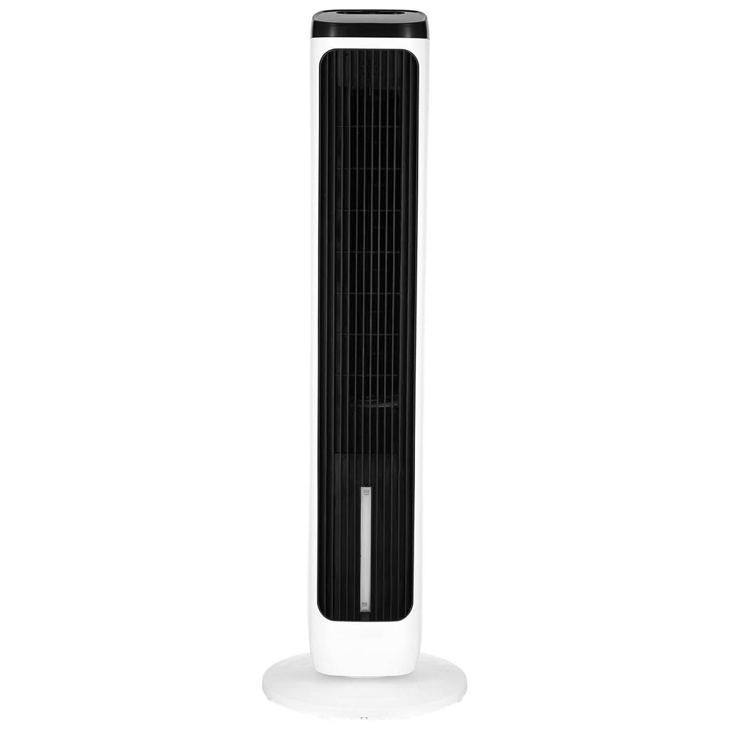 White tower fan with tall black grille and side control panel window, round base