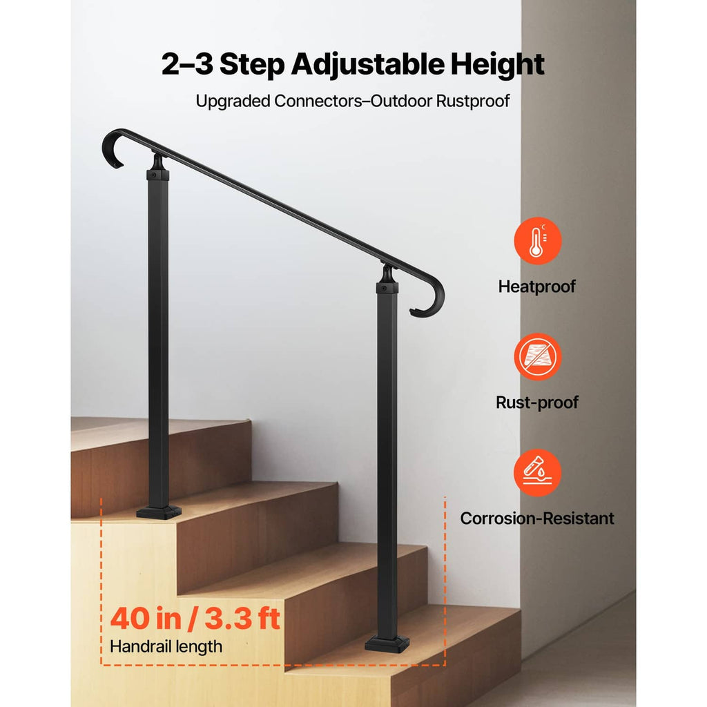 Outdoor stair handrail with black curved top rail and adjustable-height posts