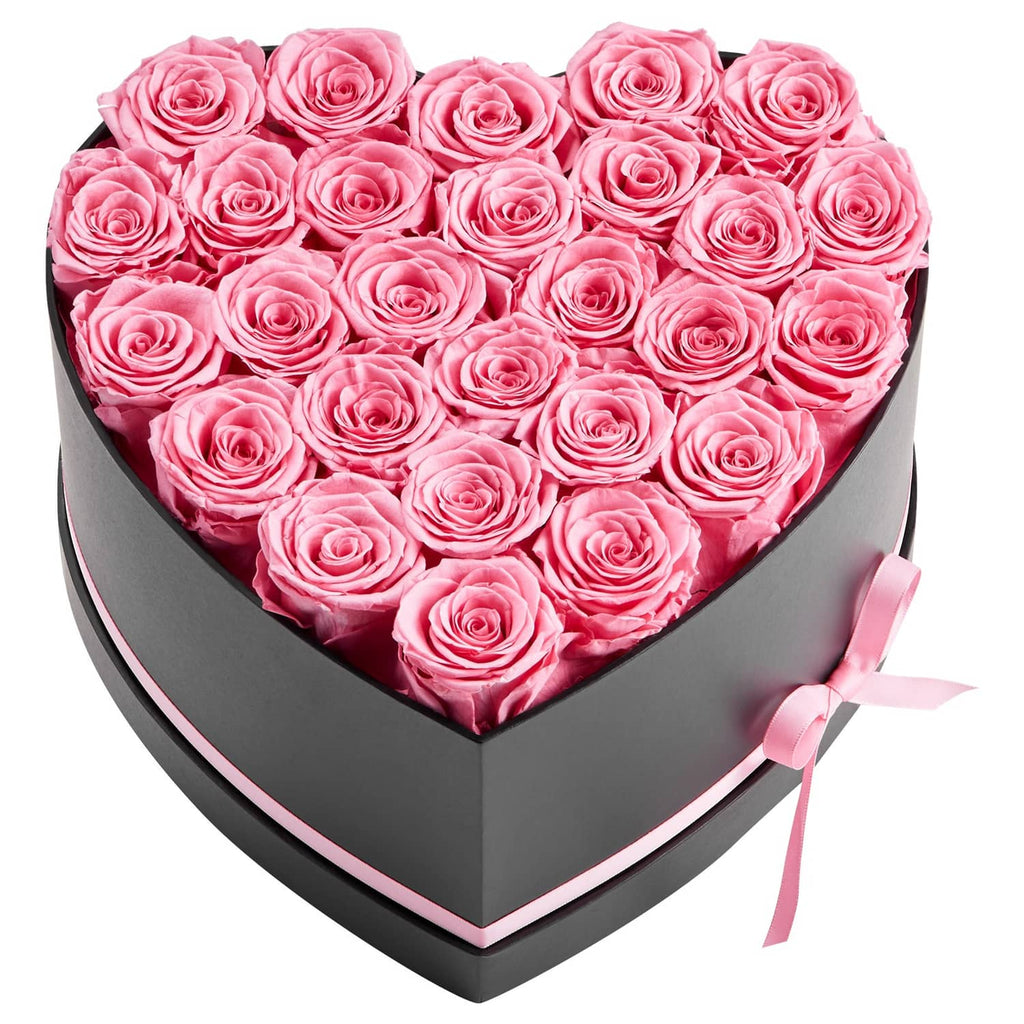 Heart-shaped box of pink preserved roses with satin ribbon bow, black and pink