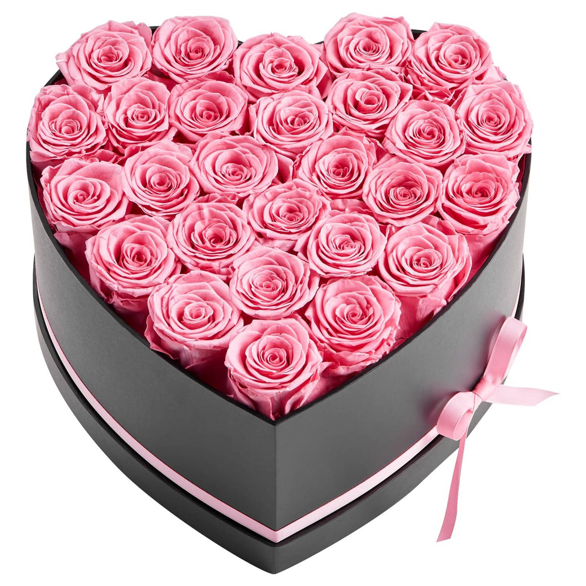 Heart-shaped box of pink preserved roses with satin ribbon bow, black and pink