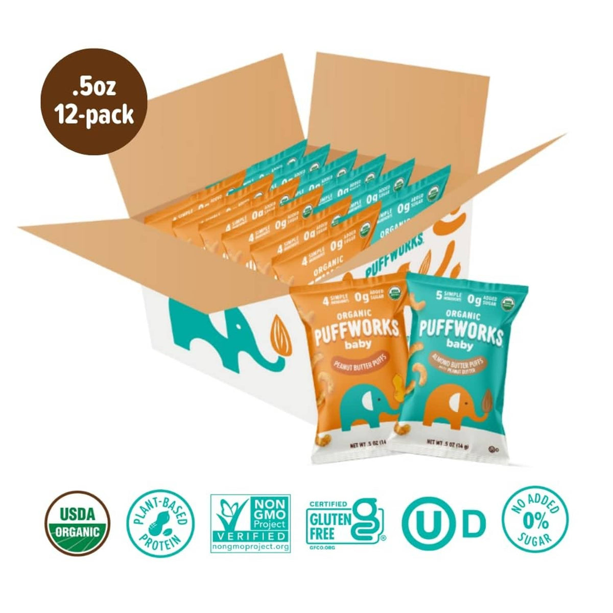 Boxed 12-pack of organic baby peanut & almond butter puff snacks
