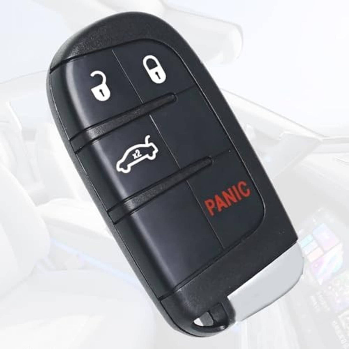 Black key fob angled view with lock/unlock/trunk icons and red PANIC label