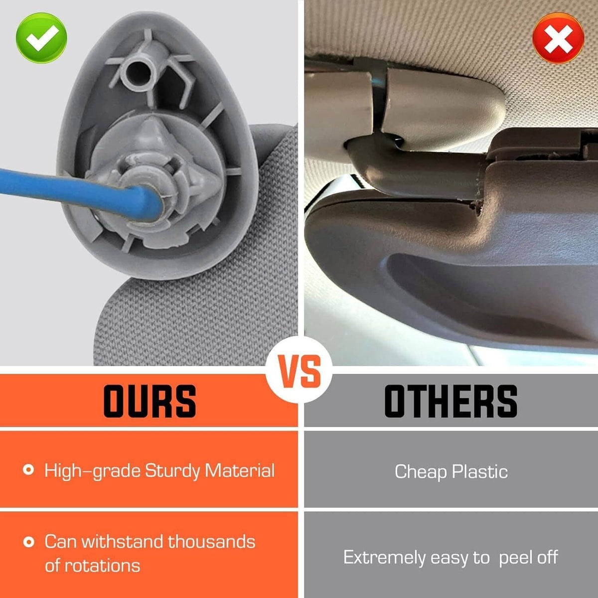 Close-up comparison of gray visor hinge and blue cable connector