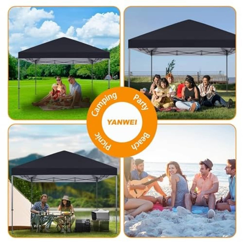 Black 10x10 canopy top shown for camping and party setups in a collage