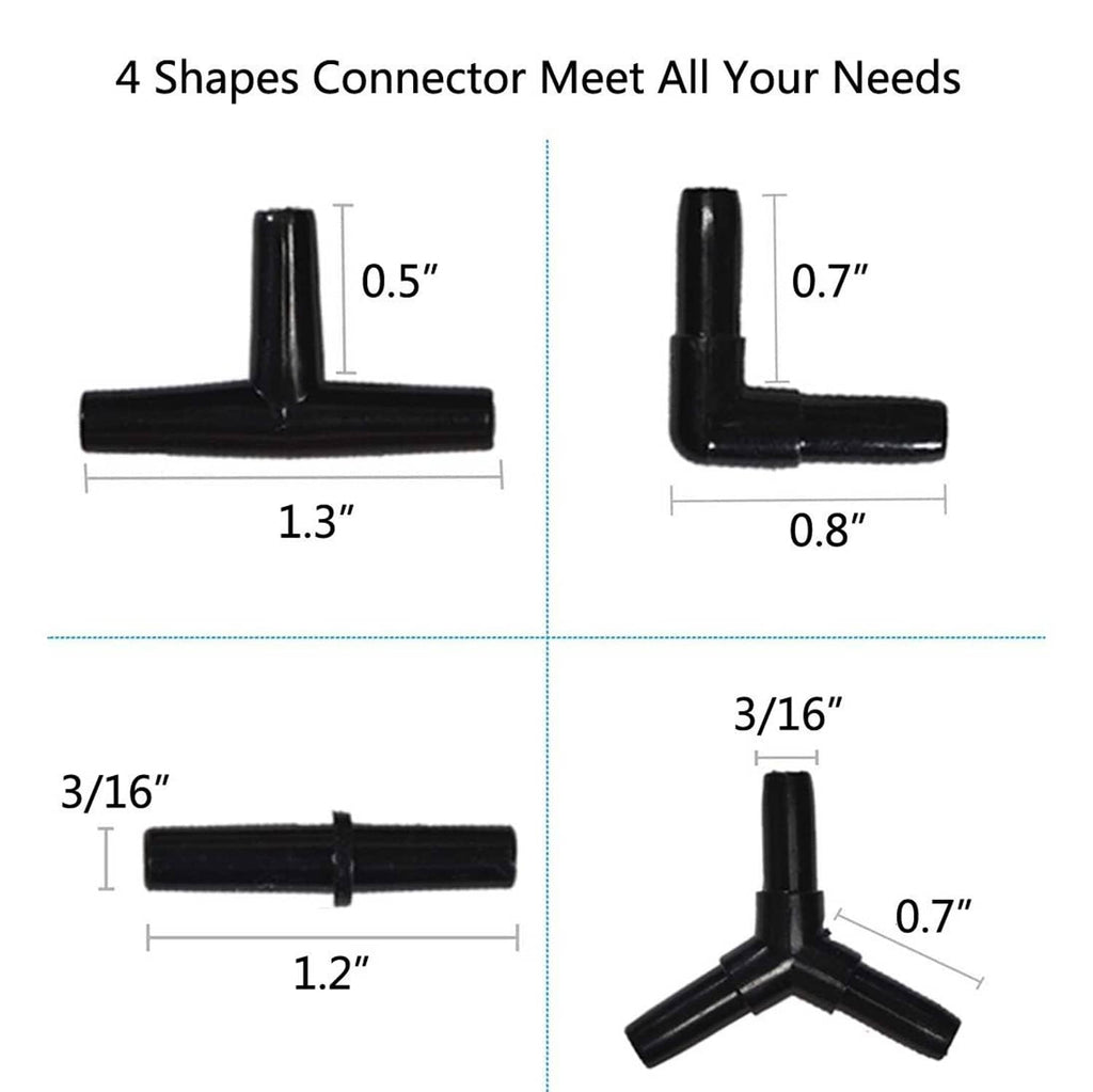 Assorted black connector shapes for 3/16 in aquarium airline tubing