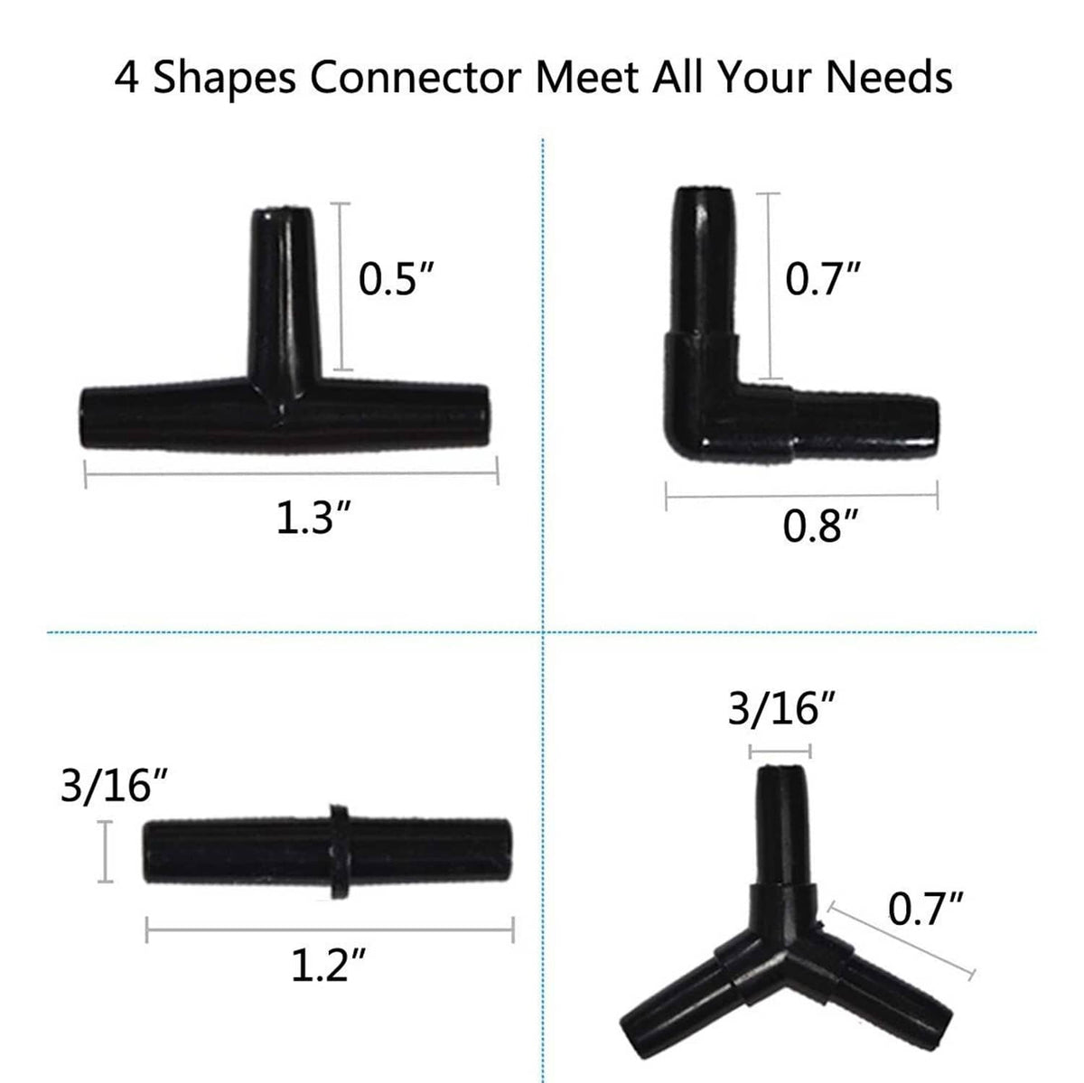 Assorted black connector shapes for 3/16 in aquarium airline tubing