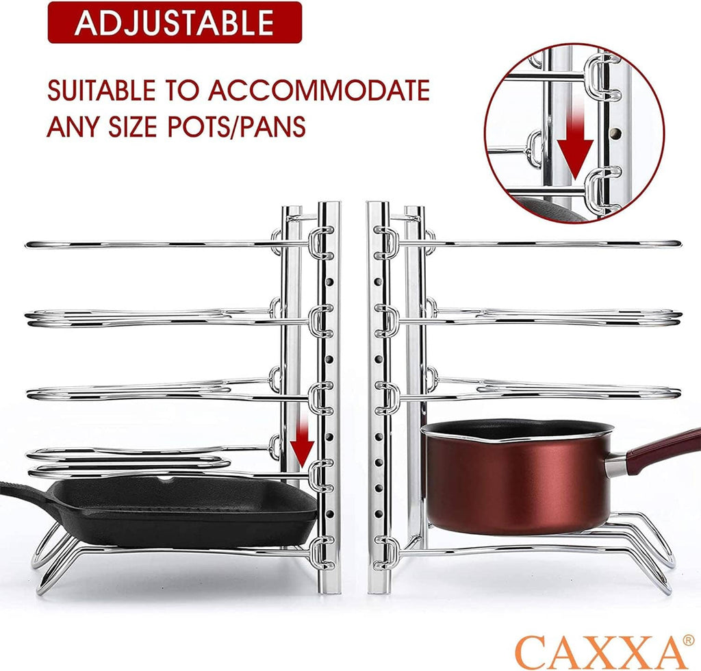 Adjustable pot and pan rack with chrome rails and removable curved storage bars