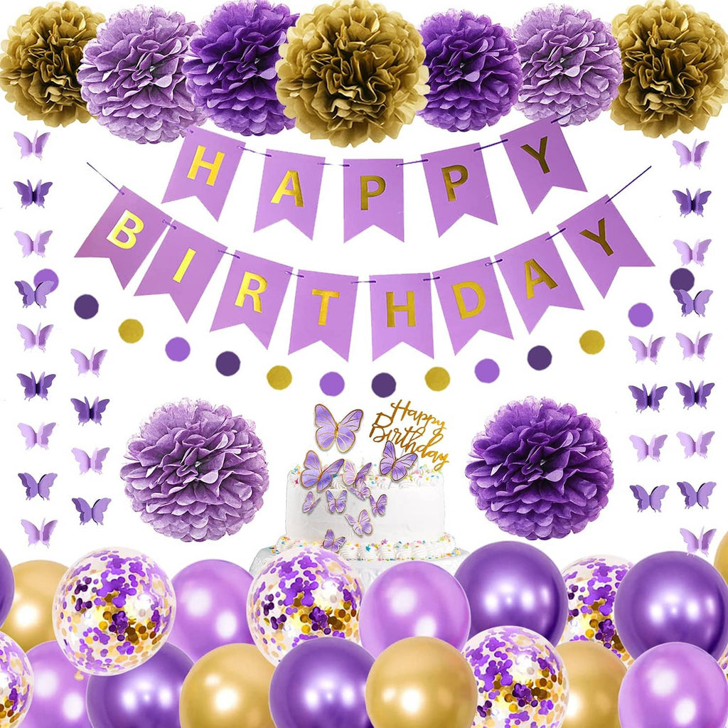 Purple Happy Birthday banner with paper flowers, balloons, and butterfly party decorations set
