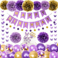 Purple Happy Birthday banner with paper flowers, balloons, and butterfly party decorations set