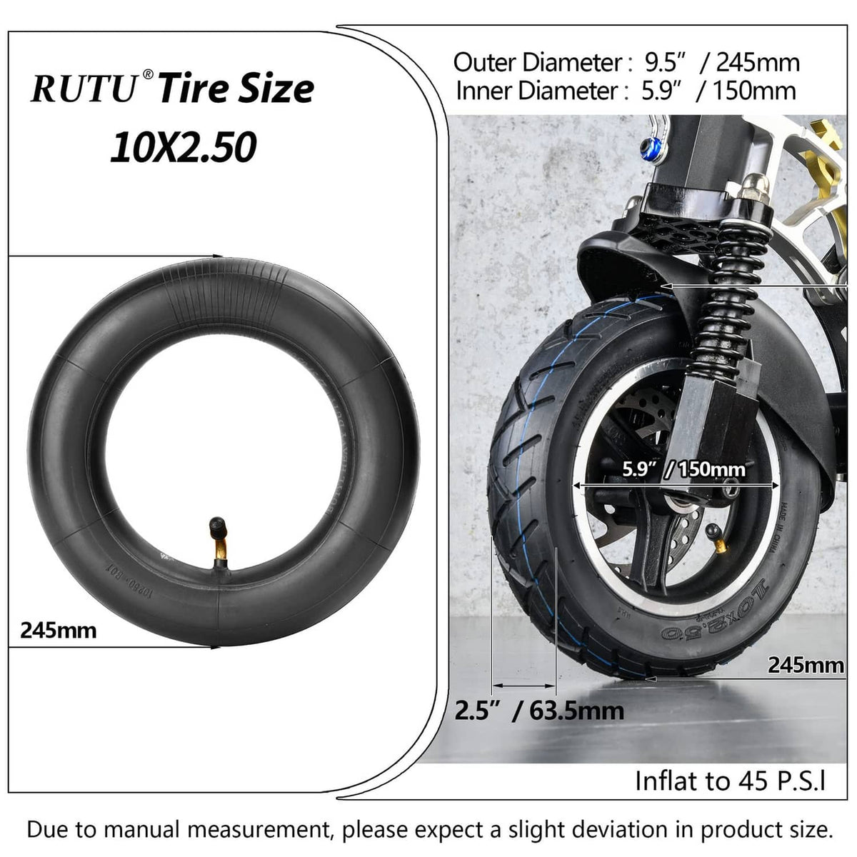 Black 10x2.50 inner tube with 90° bent valve, shown in circular form