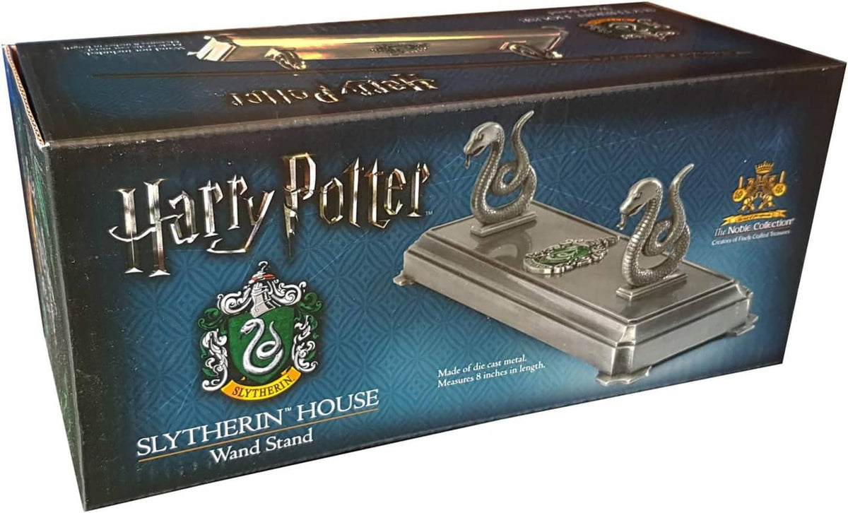 Slytherin wand stand product box showing silver stand with green house crest
