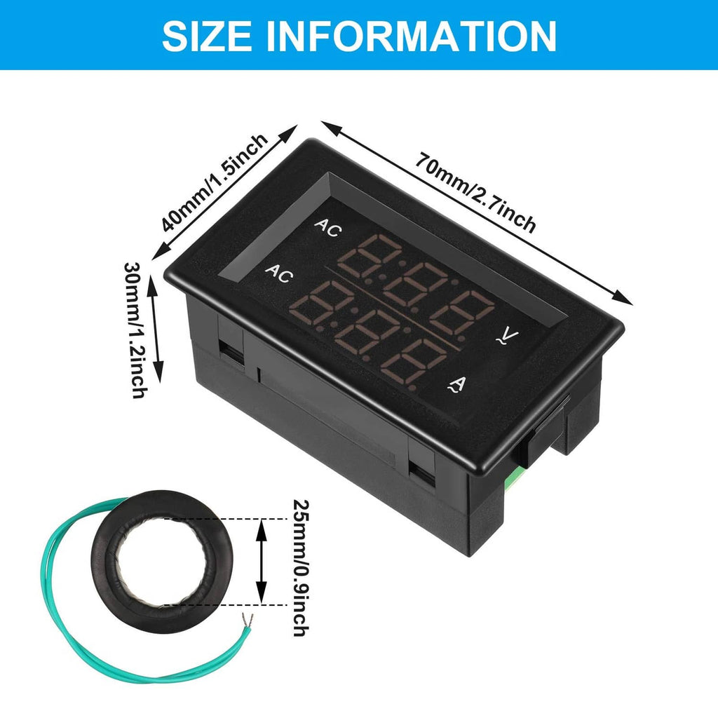 Black digital volt-amp meter with LED window and CT ring sensor wire, shown with size markers.