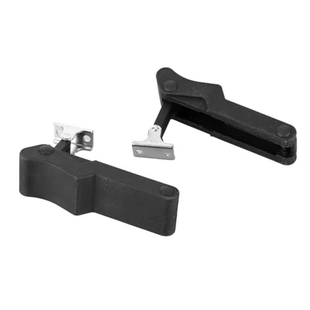Black rubber latch bars with silver metal brackets, compact hinged design