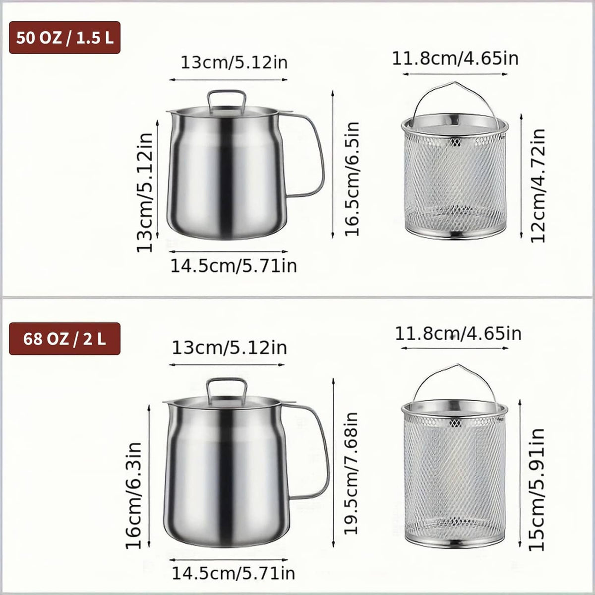 Stainless deep fryer pot and wire basket size diagram with length and height labels