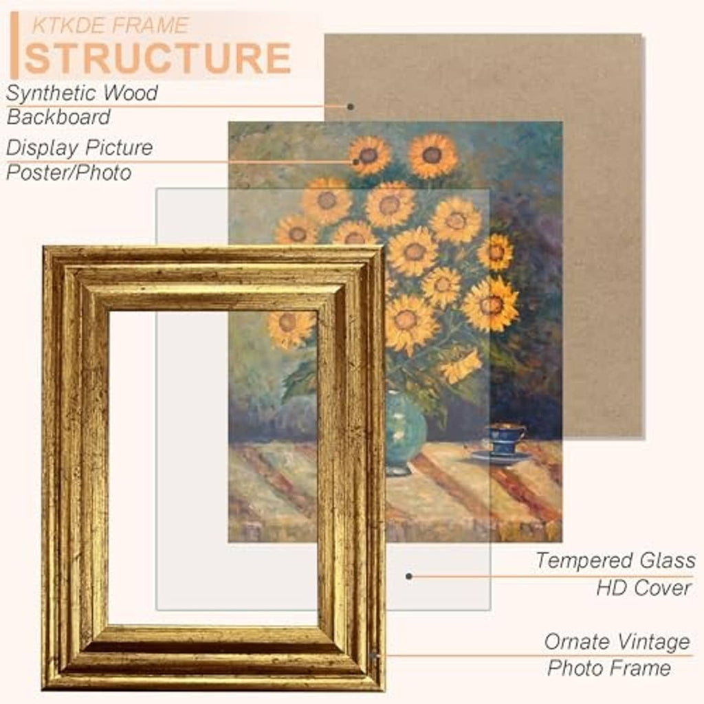 Ornate gold 8x10 photo frame with tempered glass HD cover and synthetic wood backing.
