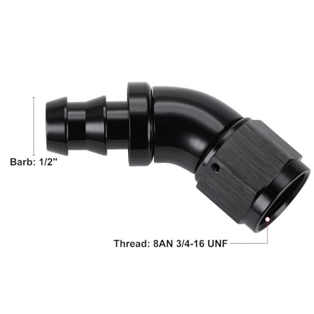 Black 45-degree 8AN hose elbow; barb 1/2 in, 3/4-16 UNF thread