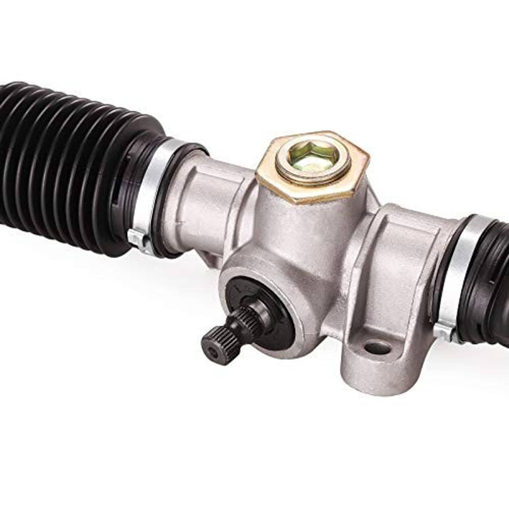 Steering rack end fitting with gold nut and silver joint; black ribbed boot