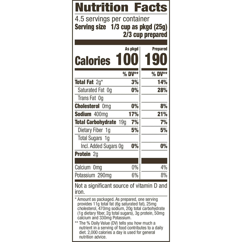 Nutrition Facts panel showing calories, fat, sodium, carbs, and protein