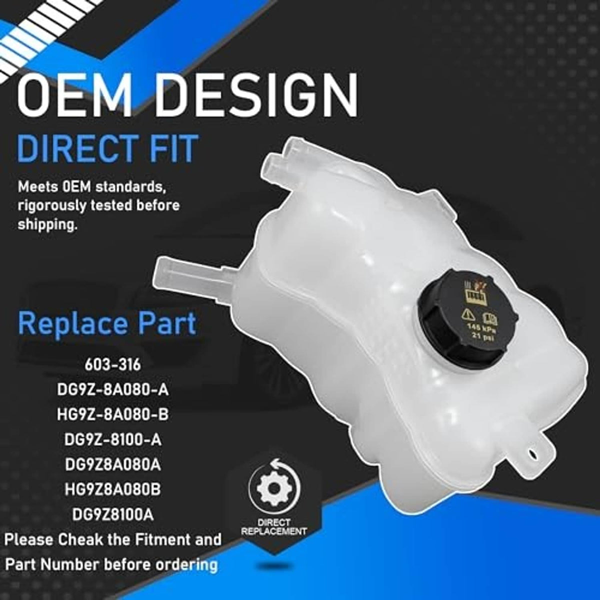 White coolant overflow reservoir tank with black cap