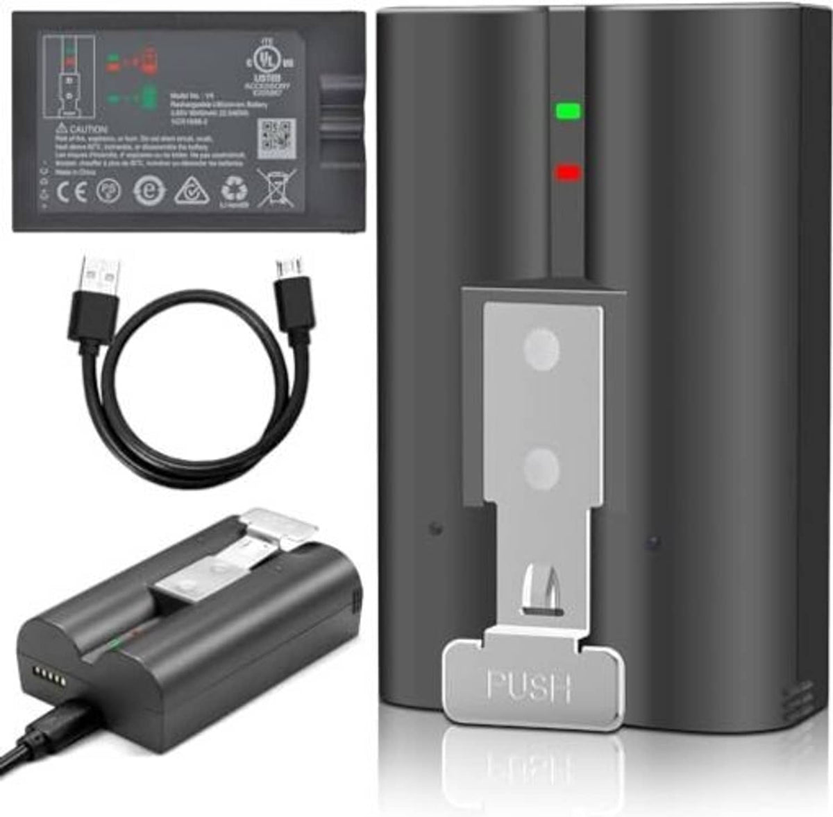 Dual charging station with battery pack, USB charging cables, and battery slot