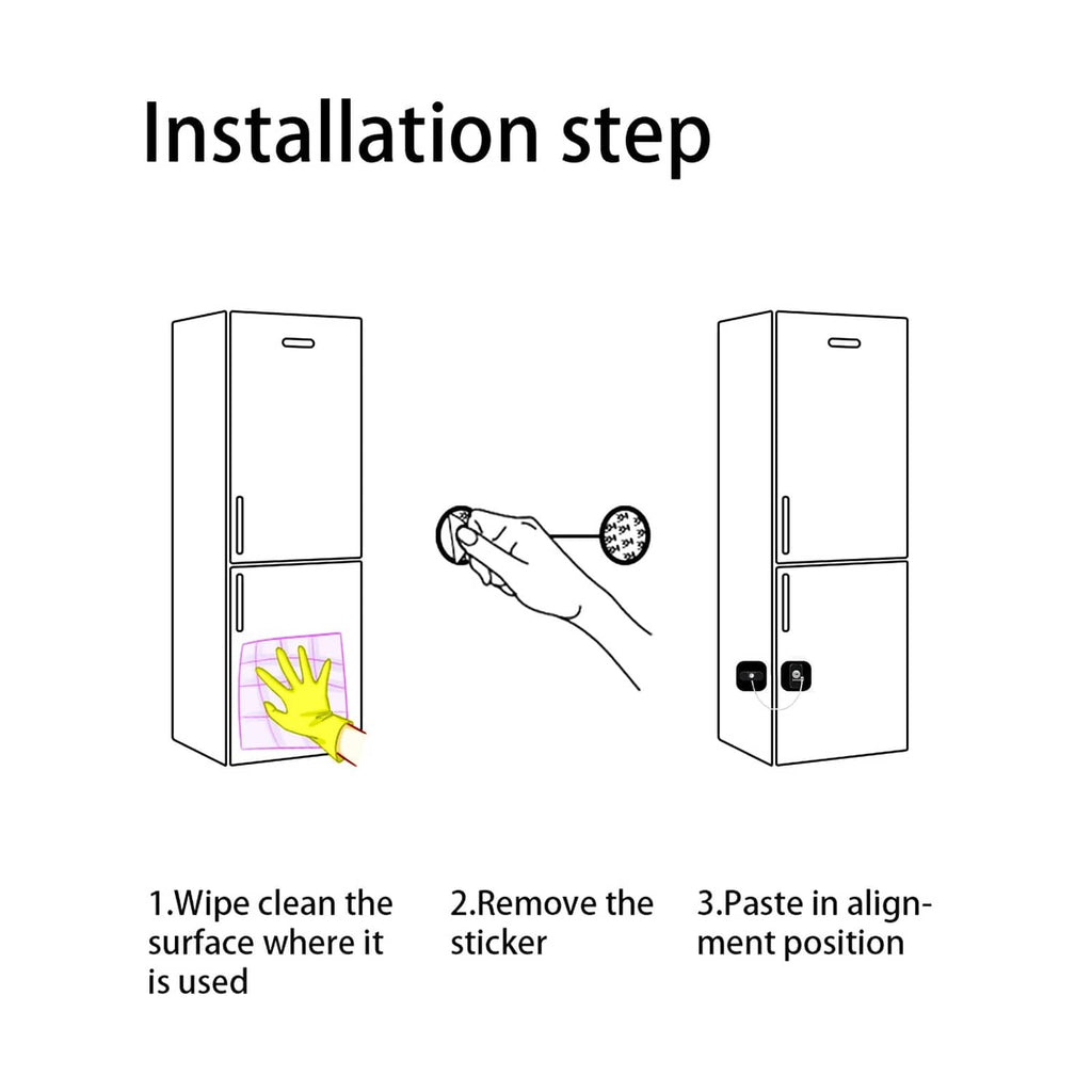 Refrigerator cable lock installation step diagrams with sticker placement on a fridge